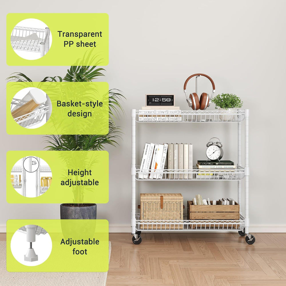 3-Tier Rolling Storage Shelves with Wire Baskets,30 x 13.5 x 30in