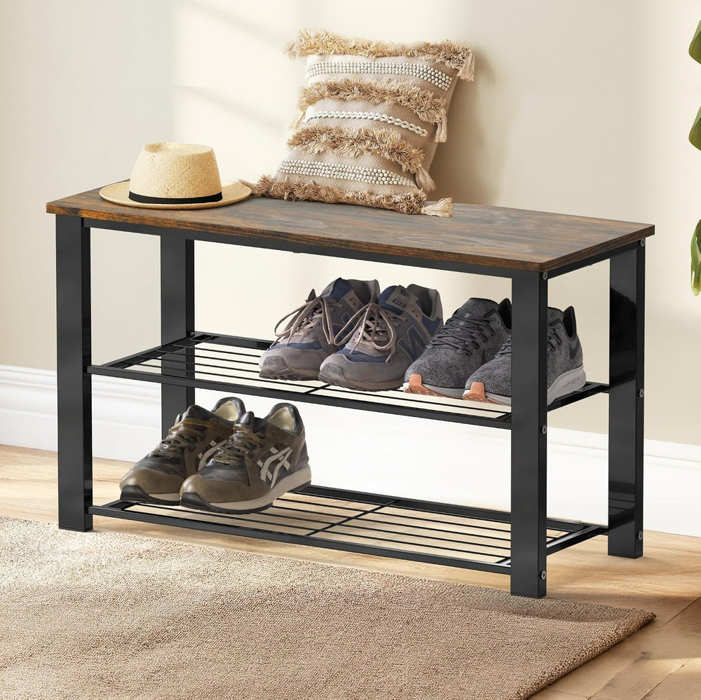 Simple Houseware Wooden Top Shoe Rack Bench for Entryway, Rustic Brown