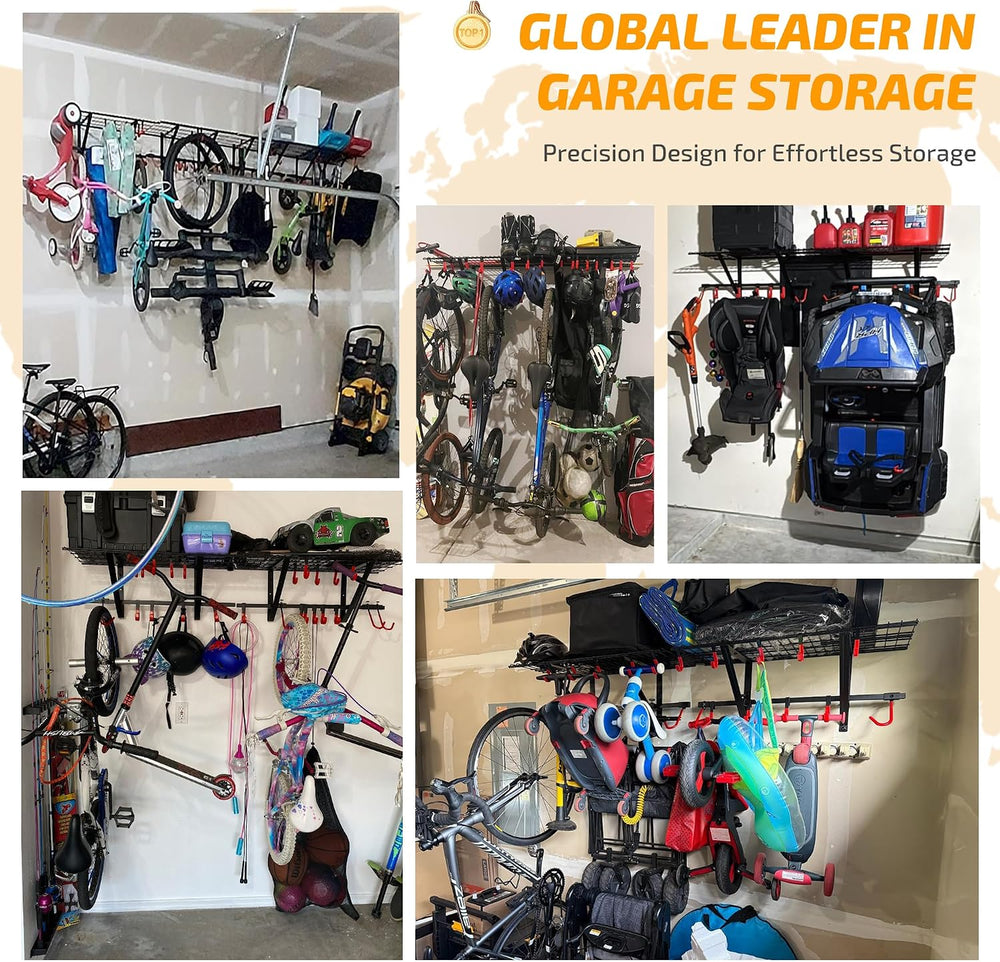Garage Wall Shelving with Bike Hooks, Adjustable Storage Rack