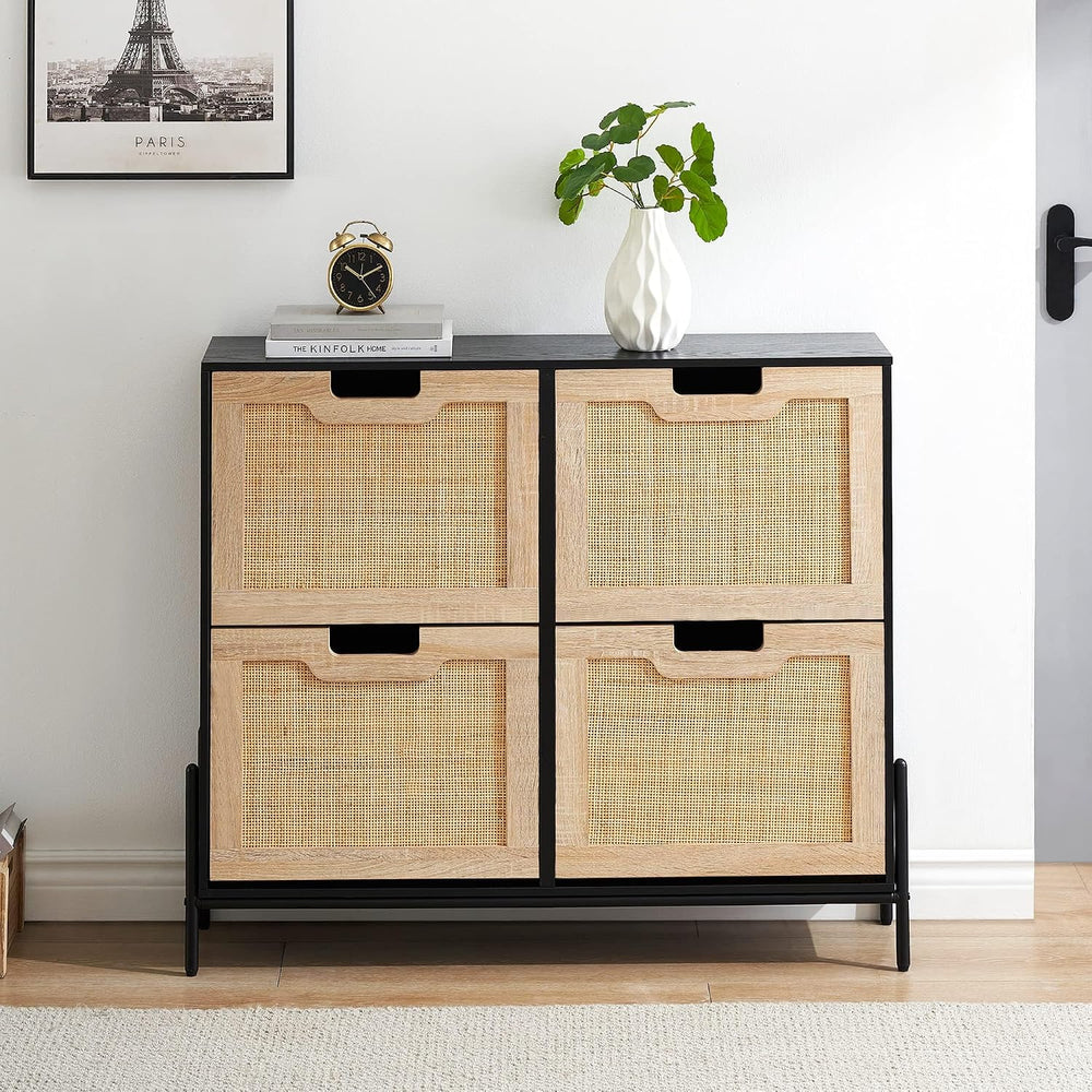 IDEALHOUSE Natural Rattan 4 Flip Door Shoe Cabinet Organizer Freestanding, Mo...
