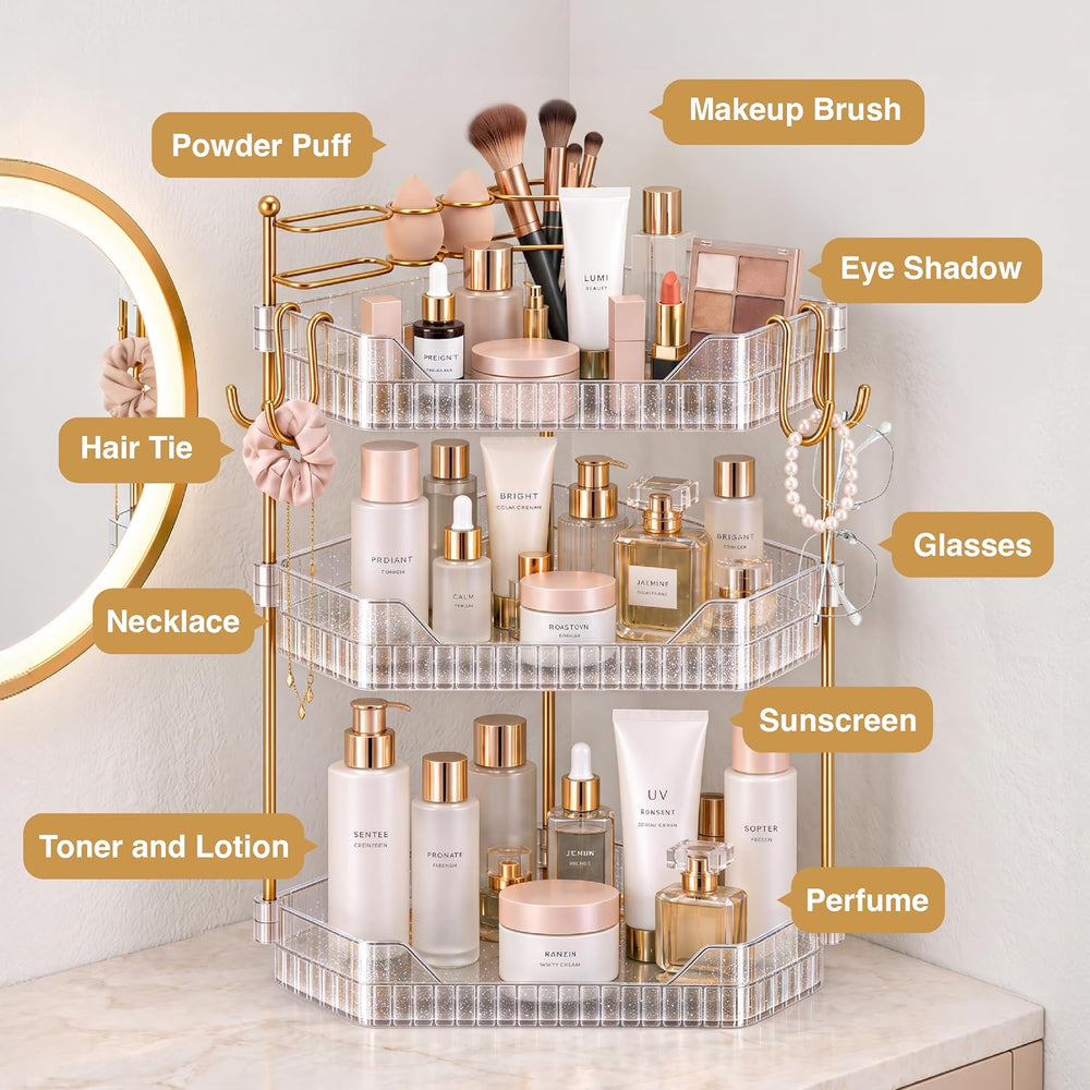 3 Tier Glitter Makeup Organizer Countertop with Makeup Brush Holder & Hooks