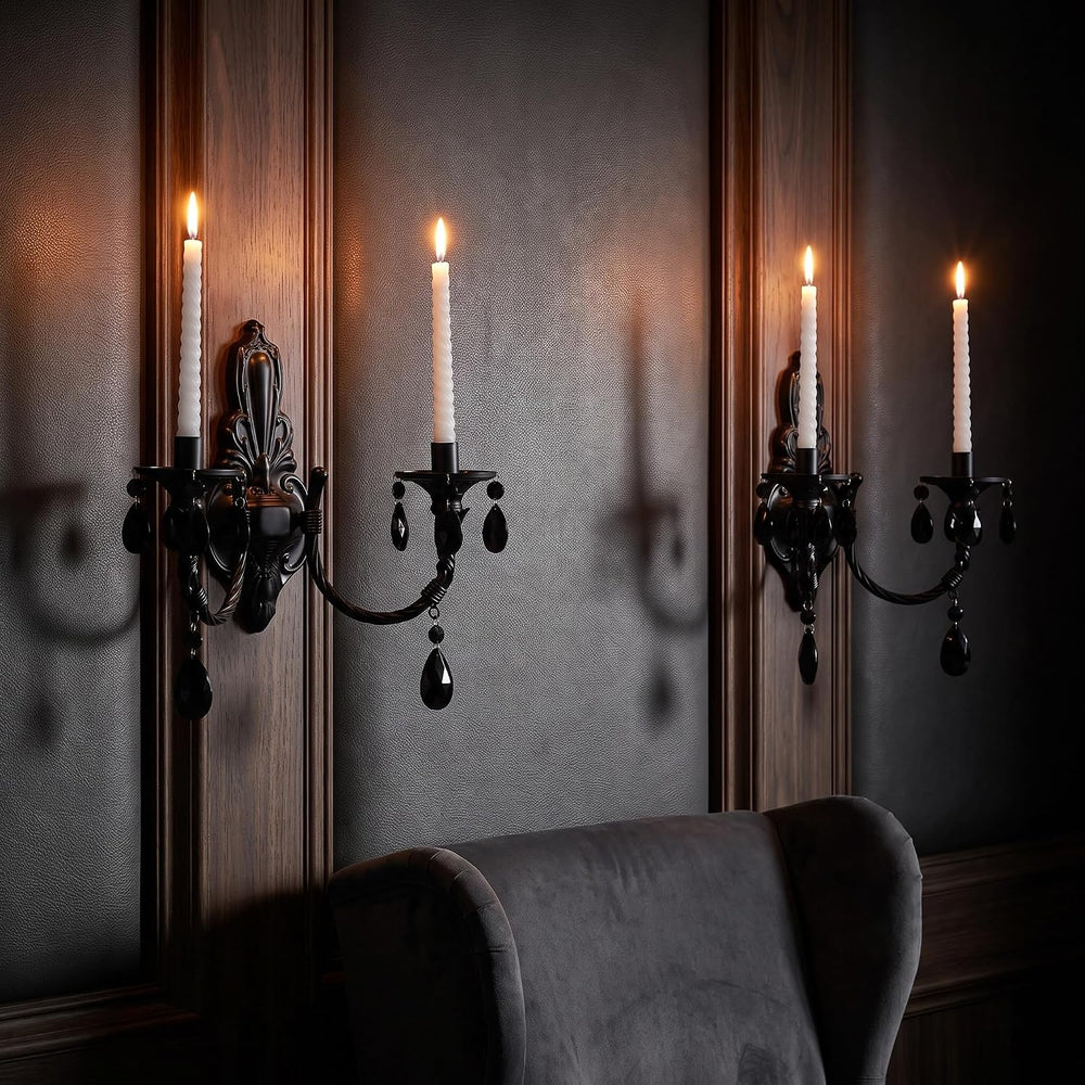 Black Iron Candle Sconces Gothic Wall Candle Holder Set of 2, Handcrafted Wro...