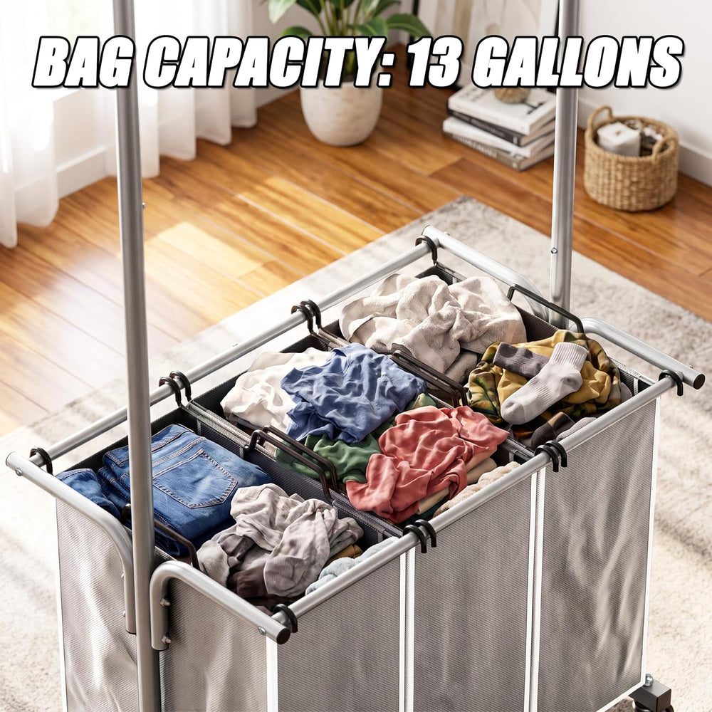 Simple Houseware Laundry Sorter Cart with Hanging Rod, Silver