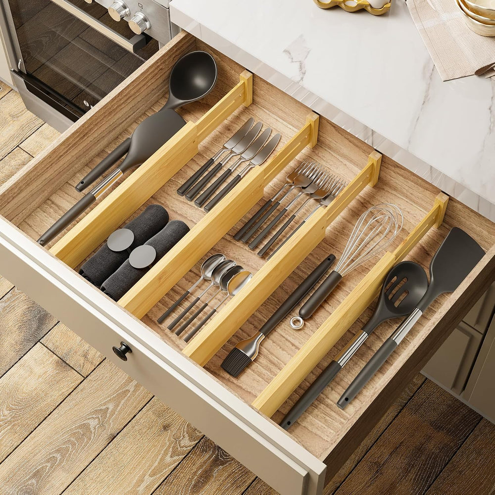 BAMEOS Bamboo Expandable Drawer Dividers – Fits 13.3"–19" Drawers, ...