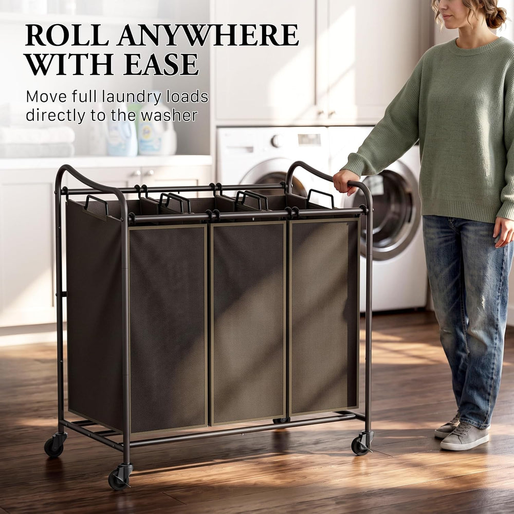 Simple Houseware Heavy Duty 3-Bag Laundry Sorter Rolling Cart, Bronze
