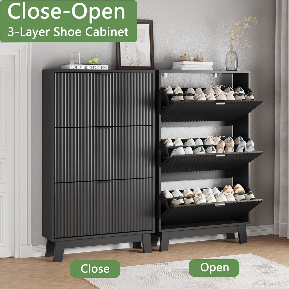 Xixini Shoe Cabinet with 3 Flip Drawers, 54" Tall Narrow Fluted Shoe Sto...