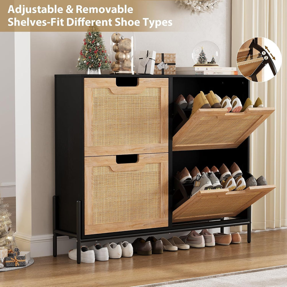 IDEALHOUSE Natural Rattan 4 Flip Door Shoe Cabinet Organizer Freestanding, Mo...