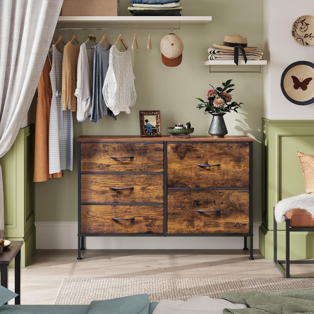 WLIVE 5 Drawer Fabric Dresser for Bedroom, Wide Storage Chest, Rustic Brown