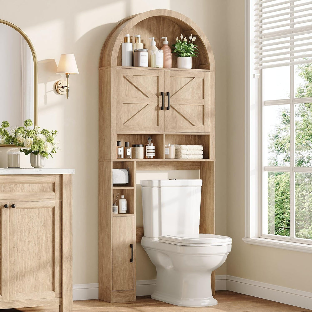 Arched Over The Toilet Storage Cabinet with Barn Doors, Natural