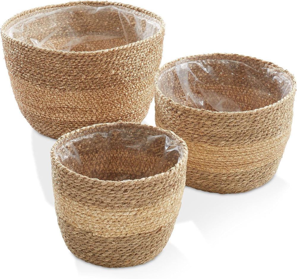 Casafield Set of 3 Seagrass Planter Baskets with Liners - Two-Tone, Hand Wove...