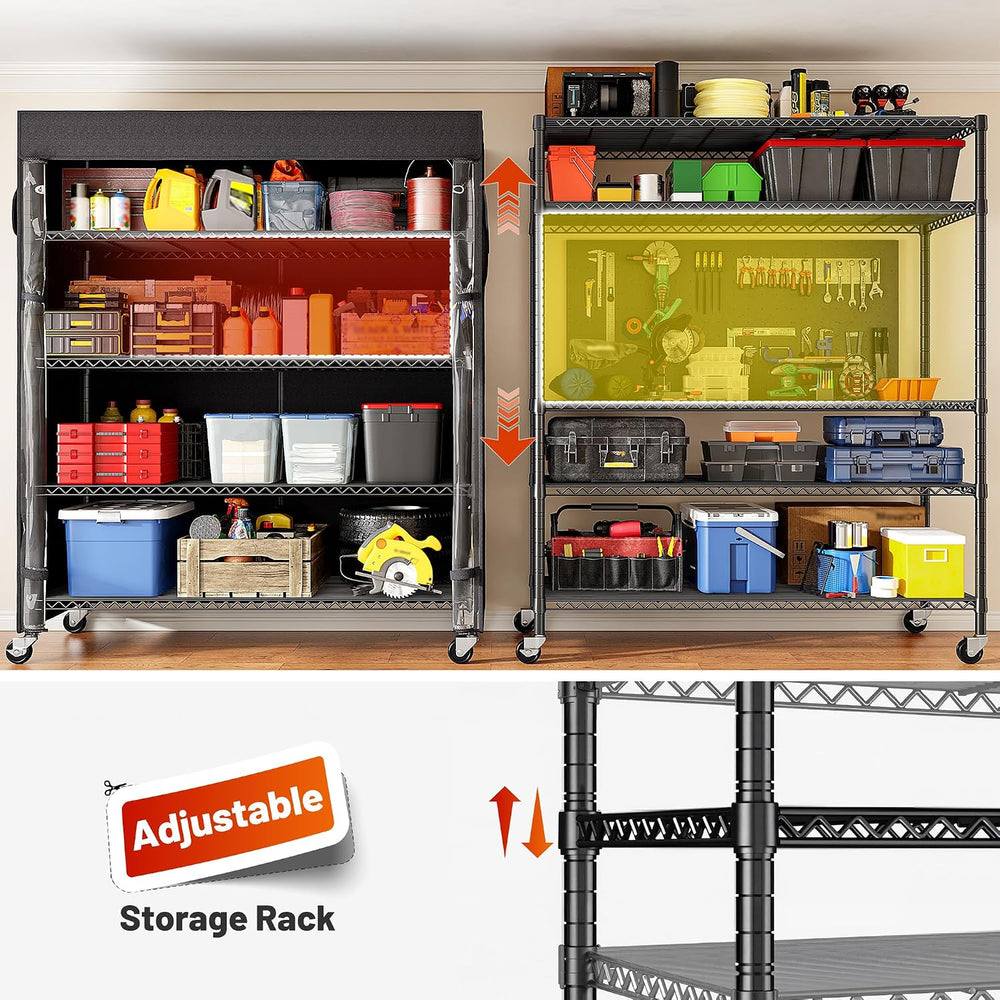 REIBII 45"W 5-Tier Storage Shelves with Cover & Wheels, 1100 lbs for...