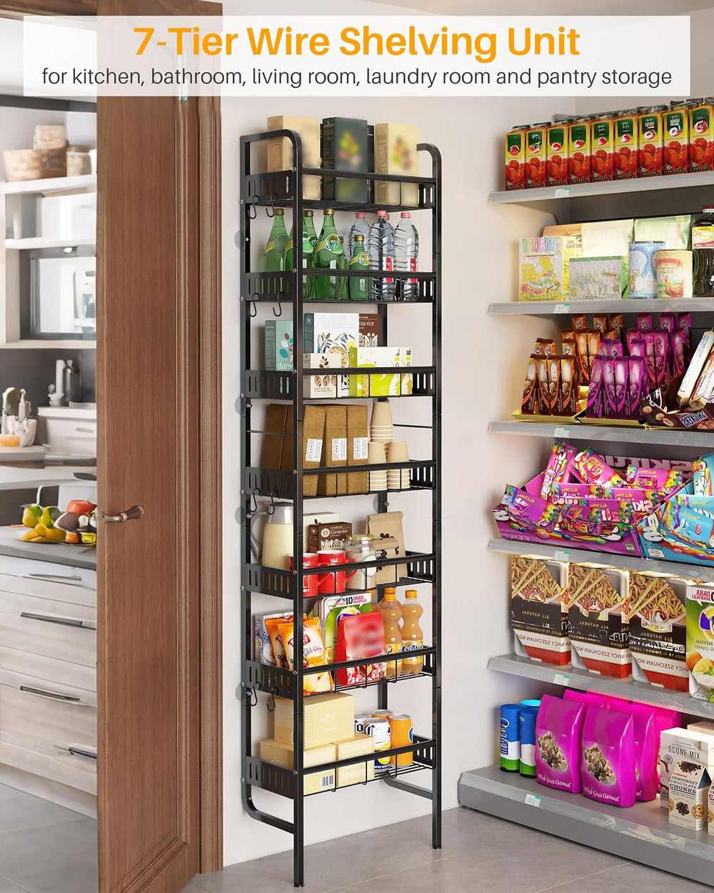 7 Tier Metal Tall Narrow Storage Shelf with Hooks