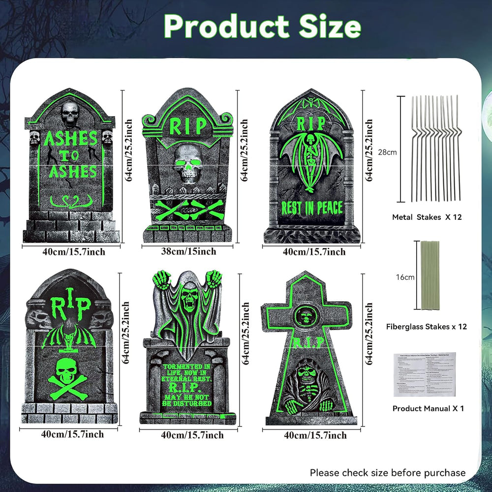 6 Pack Halloween Tombstone Decorations Glowing in The Dark, 25"x16"...