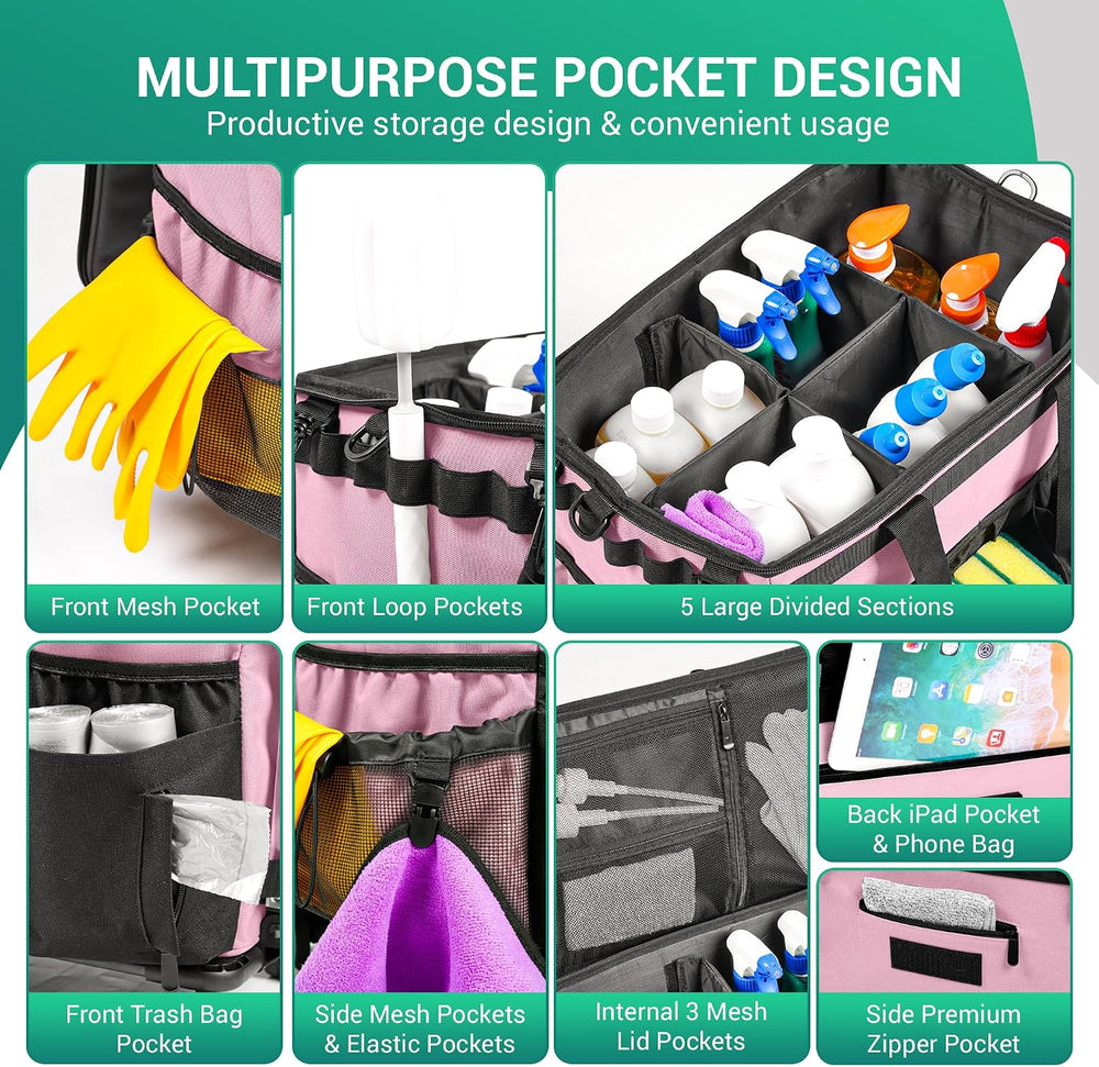 Rolling Cleaning Caddy Bag w/Detachable Trolley & Lid (Pink)