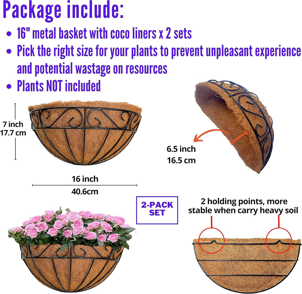 LaLaGreen Fence Wall Planter (16 in, 2 Pack) Black Metal Coco Liner Baskets