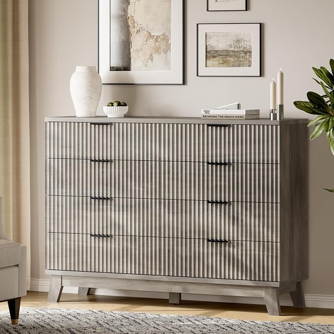 Fluted Dresser with 8 Drawers, Wooden Dresser TV Stand, Modern Closet Clothes