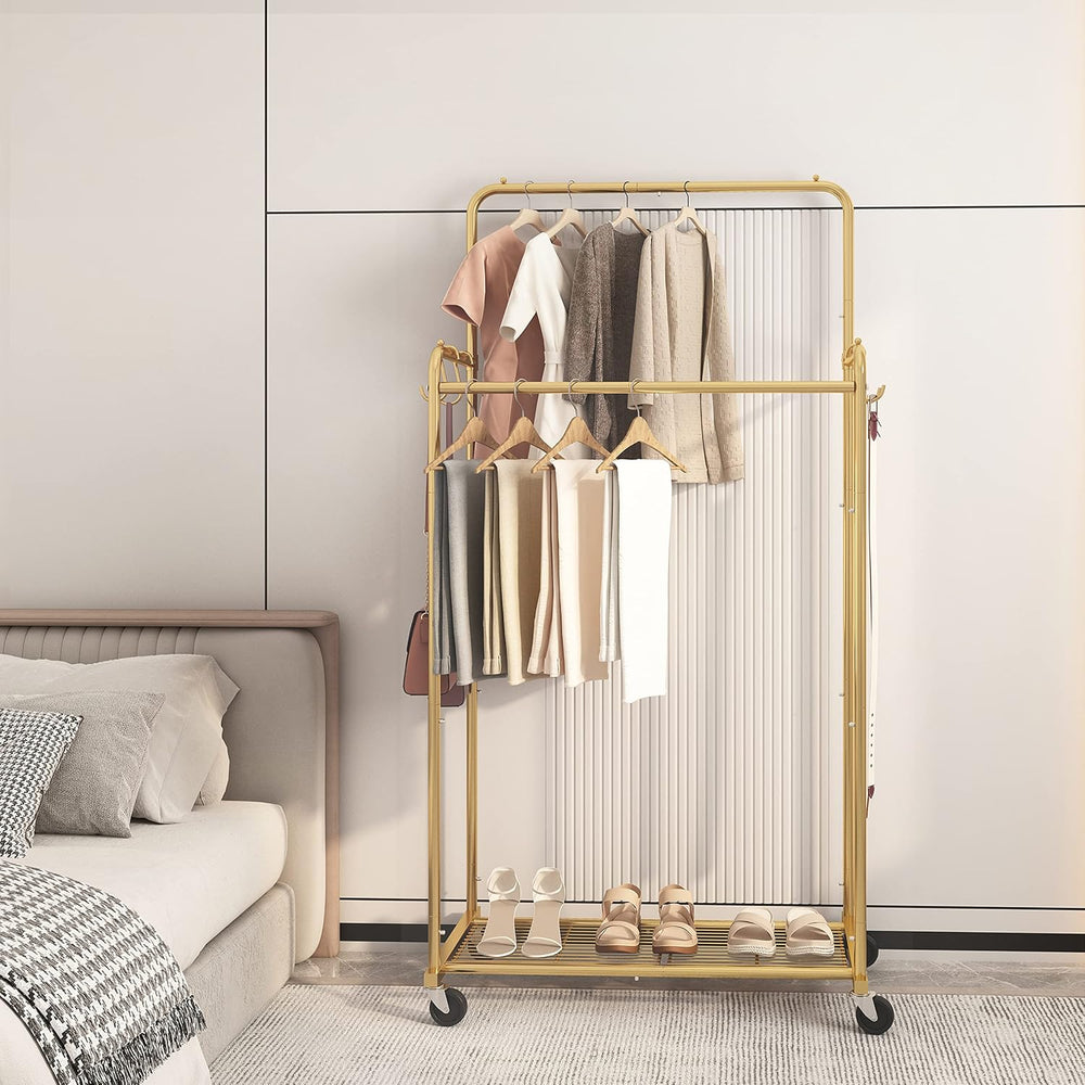 Simple Trending Clothes Garment Rack, Double Rods Clothing Rack, Gold