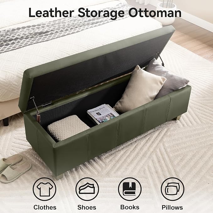 41" Faux Leather Storage Ottoman, Stitch Tufted Rectangle Upholstered En...