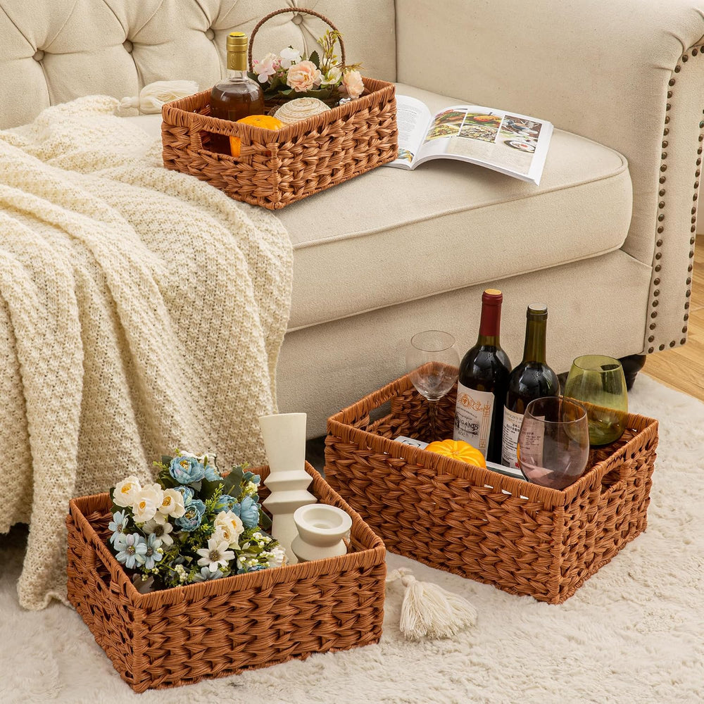 Set of 3 Wicker Storage Baskets, Decorative Baskets With Built-in Handles, Mu...