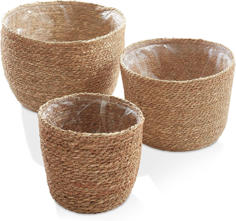 Casafield Set of 3 Seagrass Planter Baskets with Liners - Natural, Hand Woven...