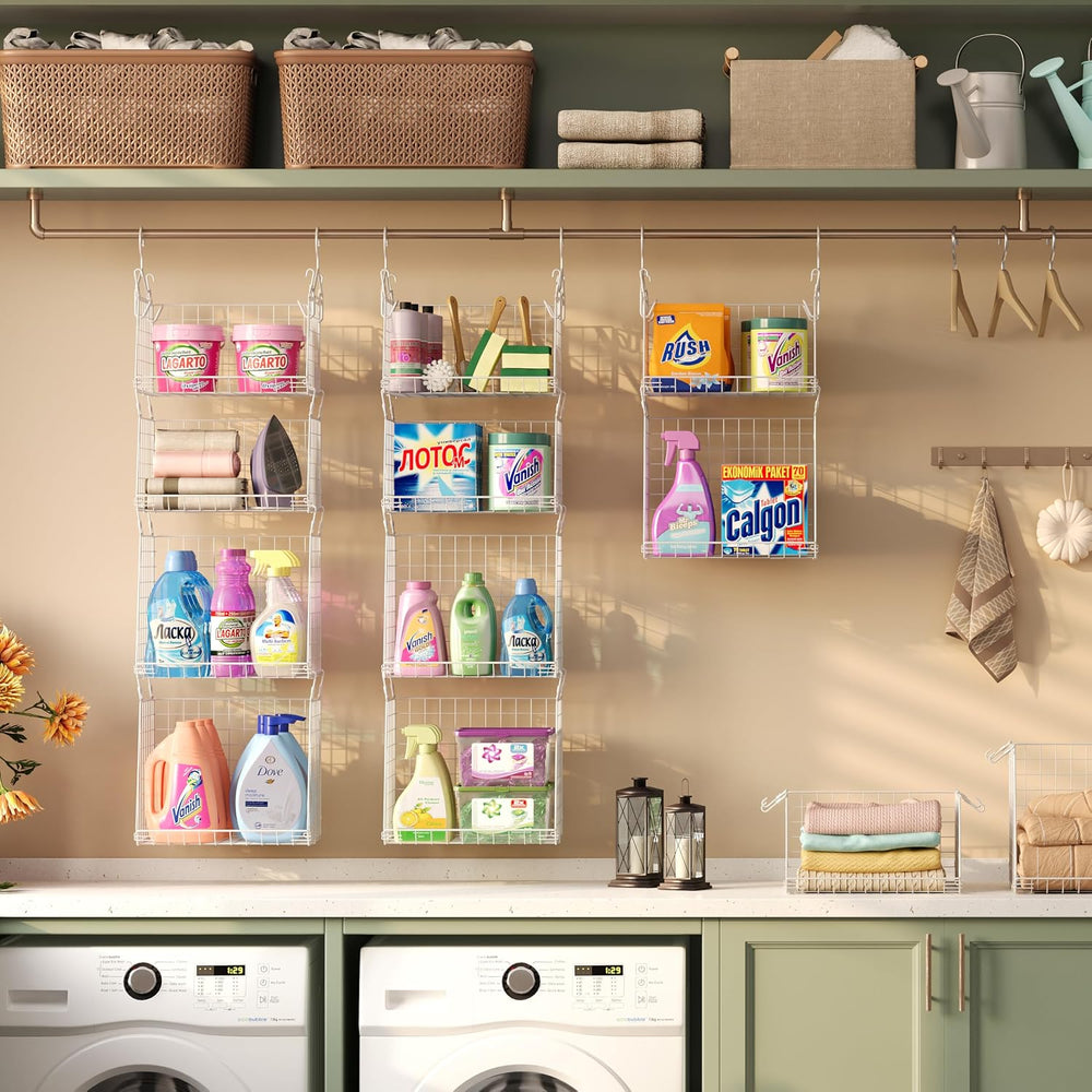 4-Tier Hanging Laundry Room Organizer: Foldable Wire Shelf Basket with 2 Larg...