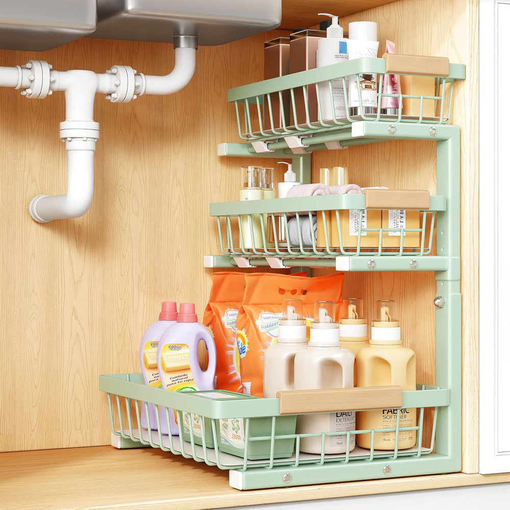 PXRACK Under Sink Organizer, 1-Pack 3-Tier Height Adjustable Thickened Metal ...