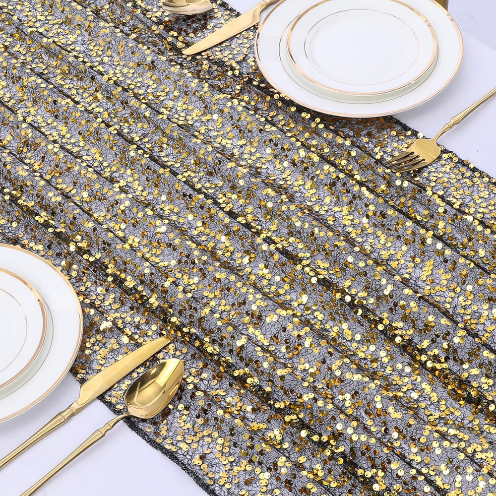 Black Gold Sequin Table Runner Rectangular Glitter Halloween Party Reusable