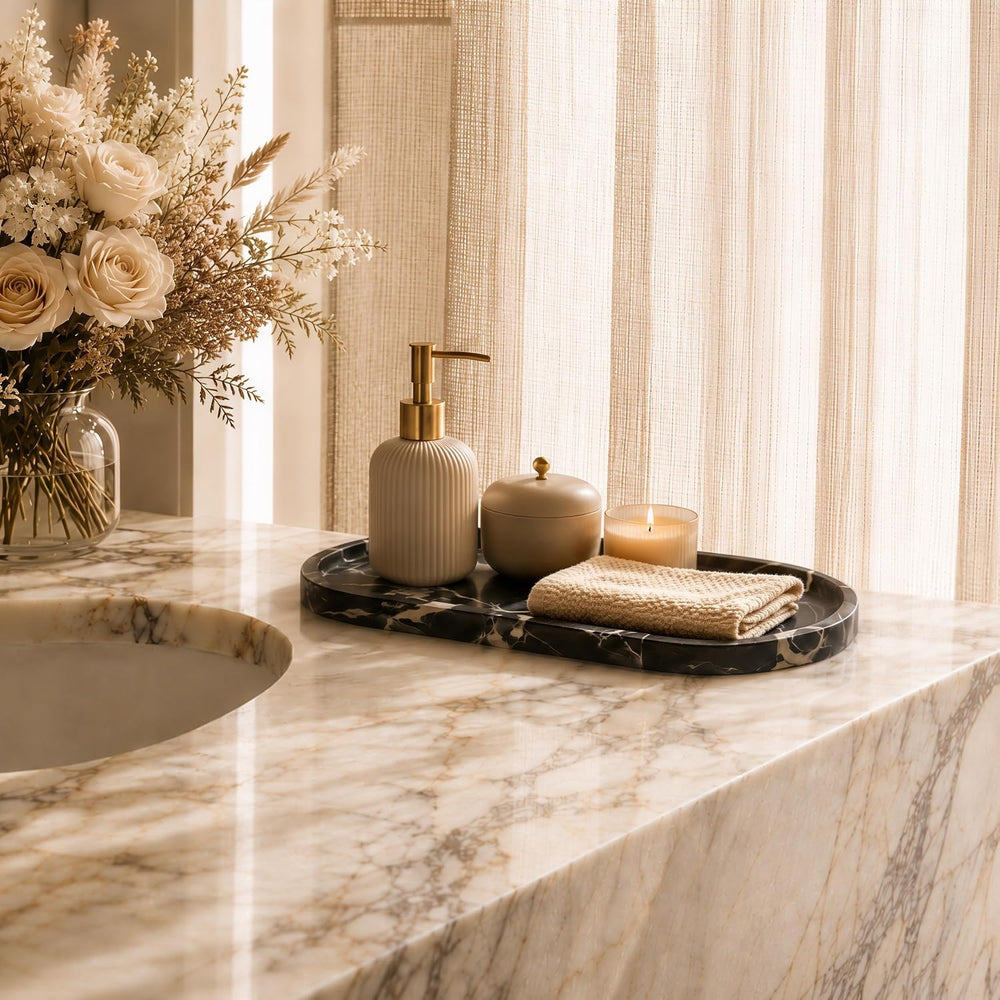 Natural Black Marble Bathroom Tray, 12 x 6 in, Vanity Tray