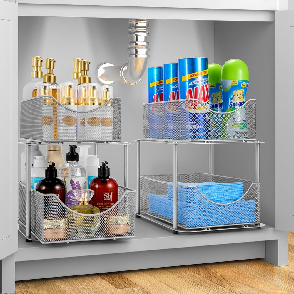 Sorbus Pull-Out Under Sink Organizer, Mesh Construction (Silver, 2 Pack)
