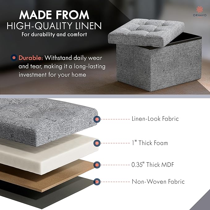 Ornavo Home Small Storage Ottoman, Foldable Collapsible Rectangle Linen Ottom...