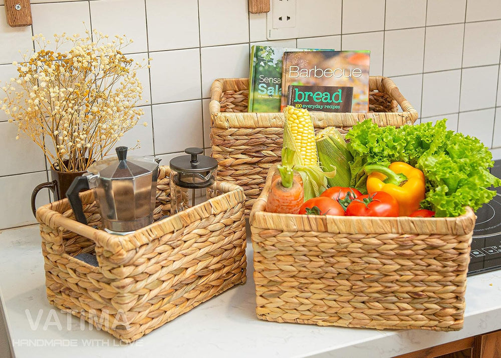 VATIMA Large Rectangular Wicker Basket with Wooden Handles for Shelves and St...
