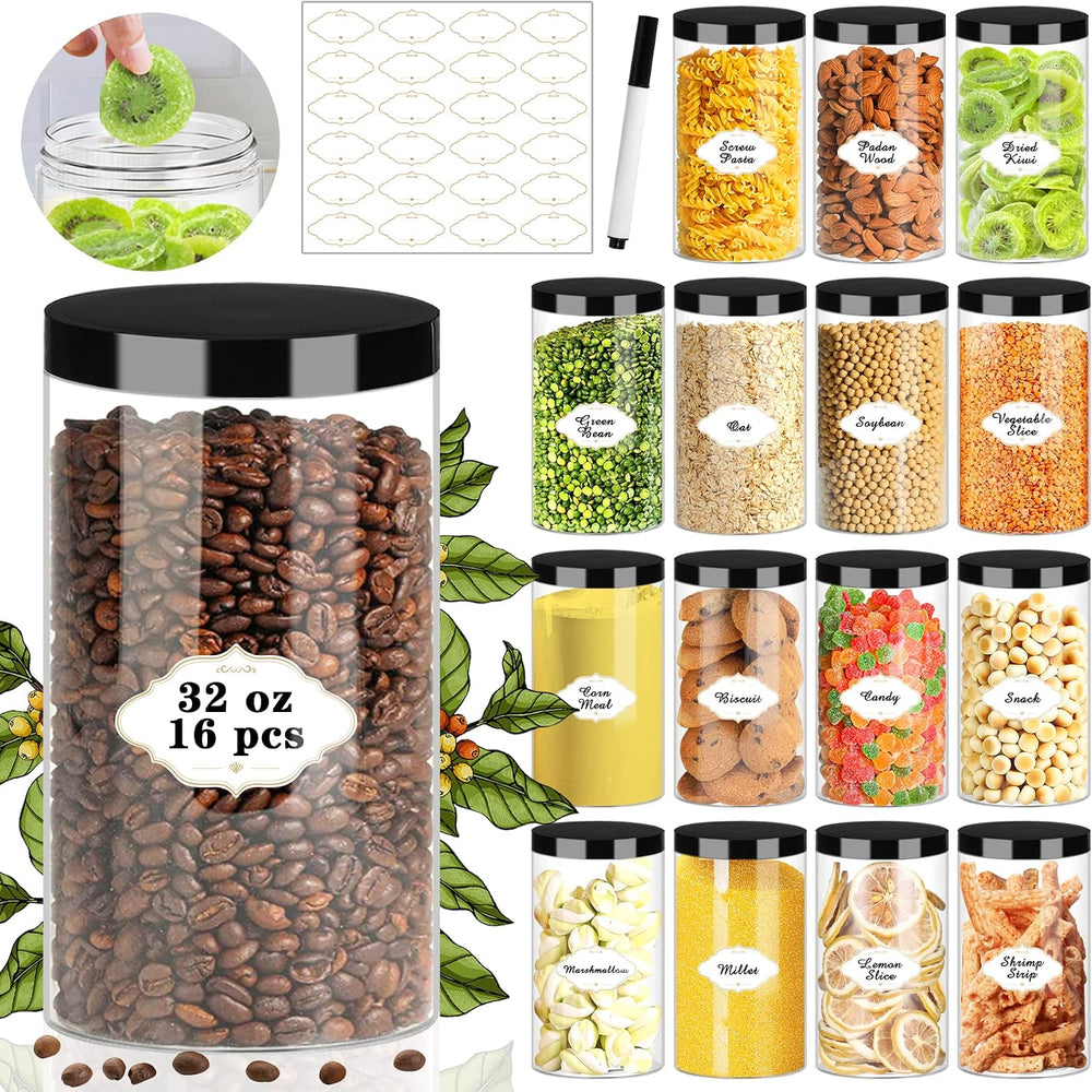 PeacePeo 32 OZ Plastic Jars with Lids, 16 Pcs Food Storage Containers