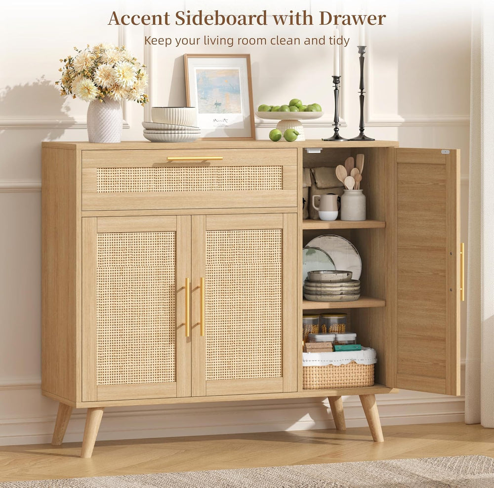 Kitchen Buffet Cabinet with 3 Doors, Rattan Storage Cabinet