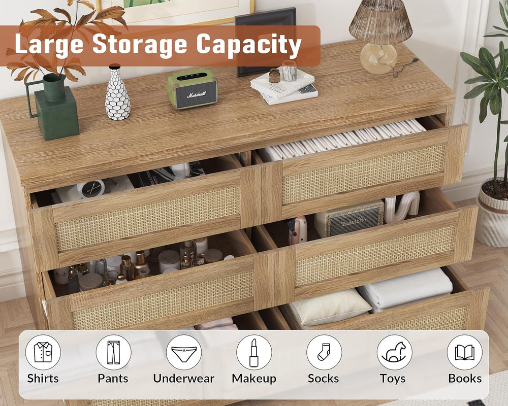 Garvee Rattan 6-Drawer Dresser for Bedroom - Slim Wooden Chest of Drawers, Du...