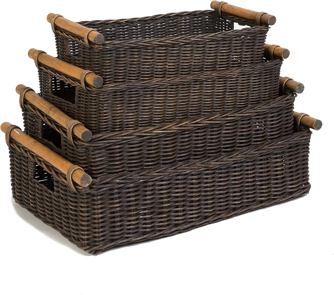The Basket Lady Low Pole Handle Wicker Storage Basket, 17 in L x 10.5 in W x