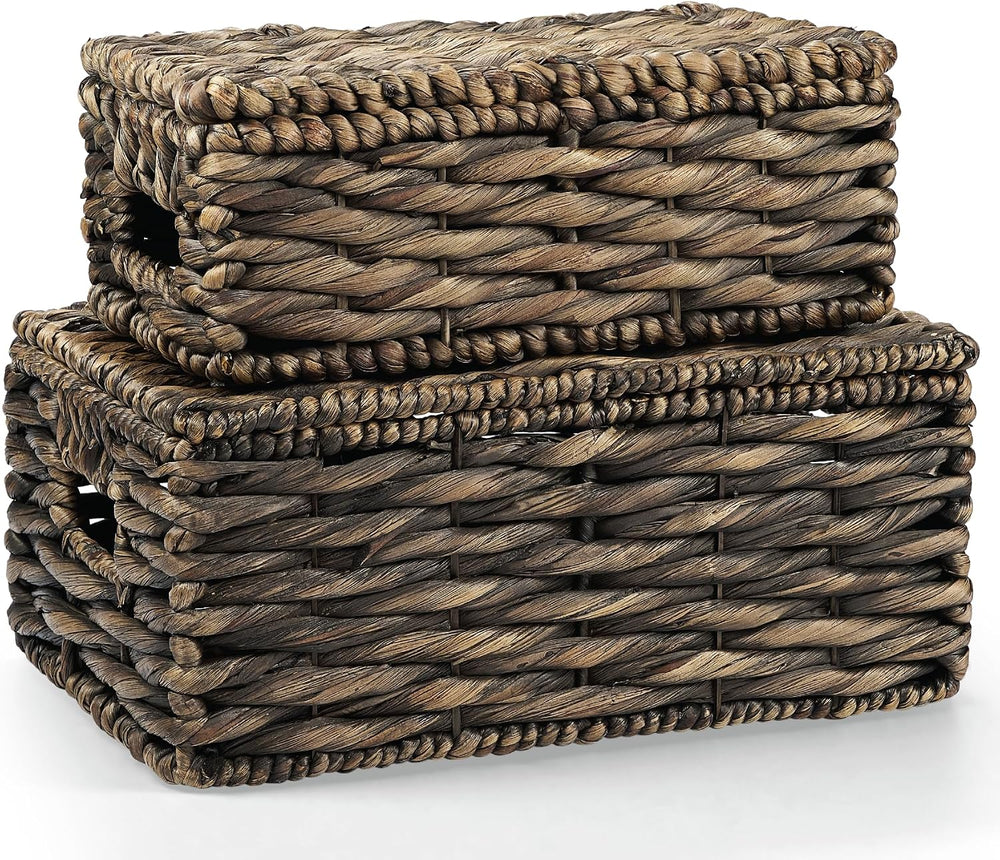 Set of 2 Black Wicker Baskets with Lid