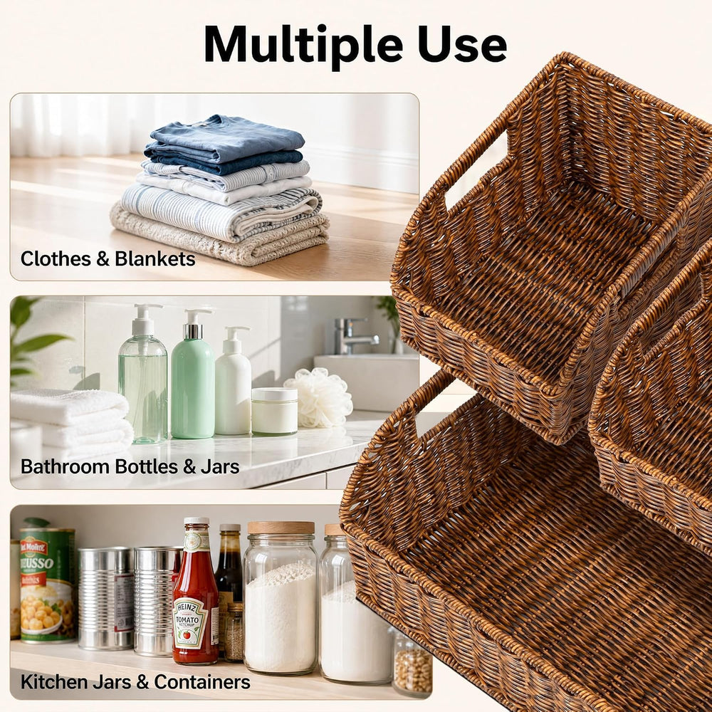 Brownlily Faux Wicker Pantry Storage Baskets, Brown-Single Set (3-Piece)