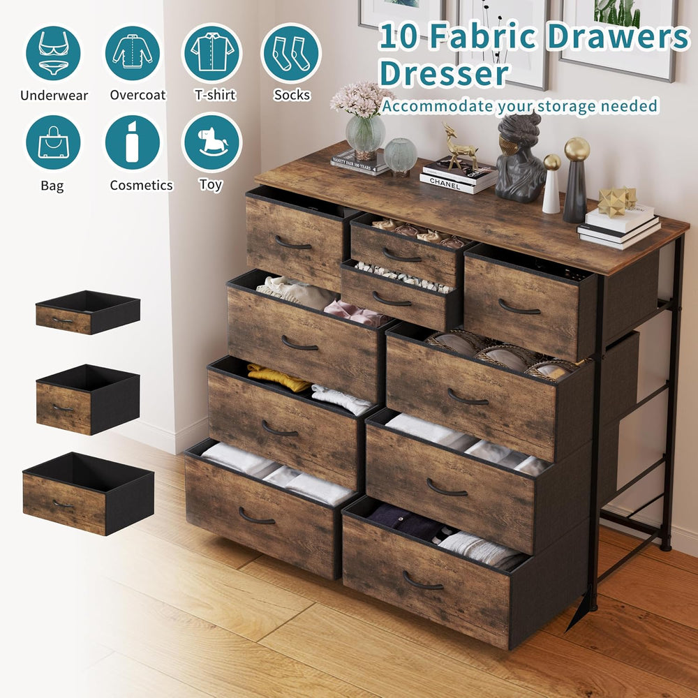 LUMTOK 10 Drawers Dresser with Fabric Bins for Bedroom,Closets,Rustic Brown