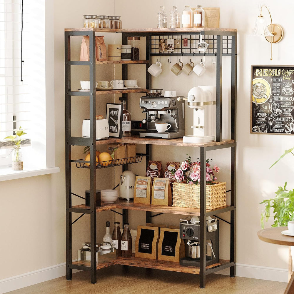 IRONCK Bakers Rack with Storage, Corner Coffee Bar with Power Outlet