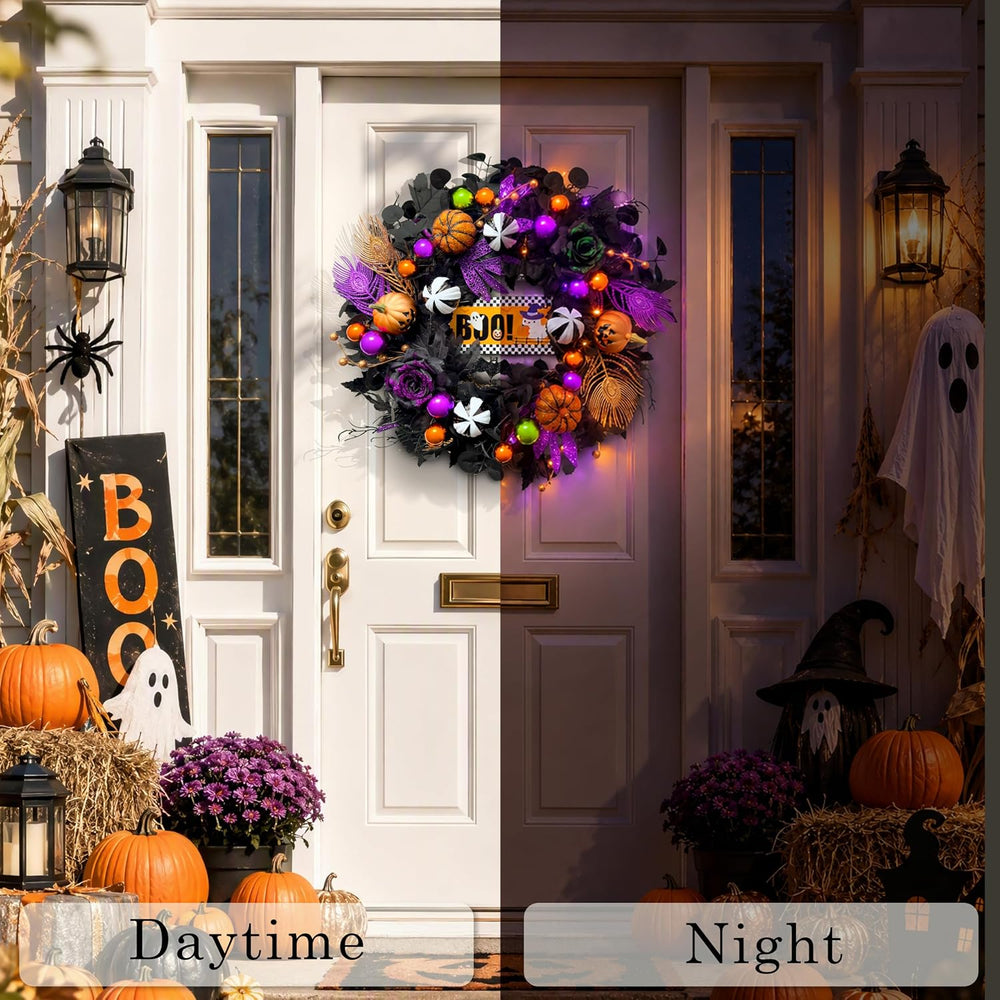24'' Halloween Wreath for Front Door with Orange Purple Lights