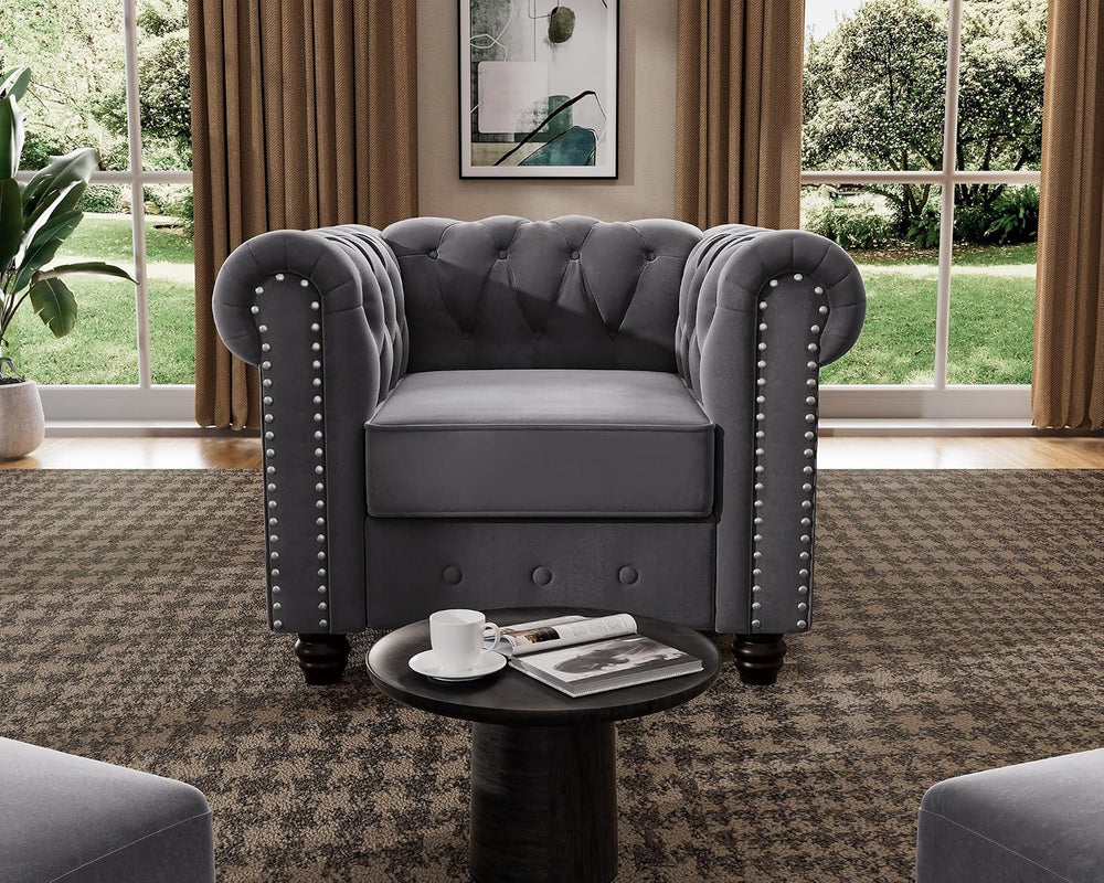 3 Piece Classic Chesterfield Sofa Set,Chair&Loveseat&Sofa,Velvet Grey
