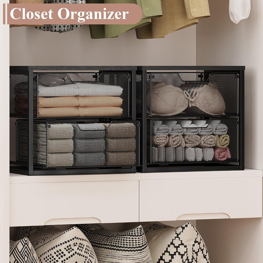 2-Tier Stackable Storage Drawers, Breathable Wire Mesh with MDF Top