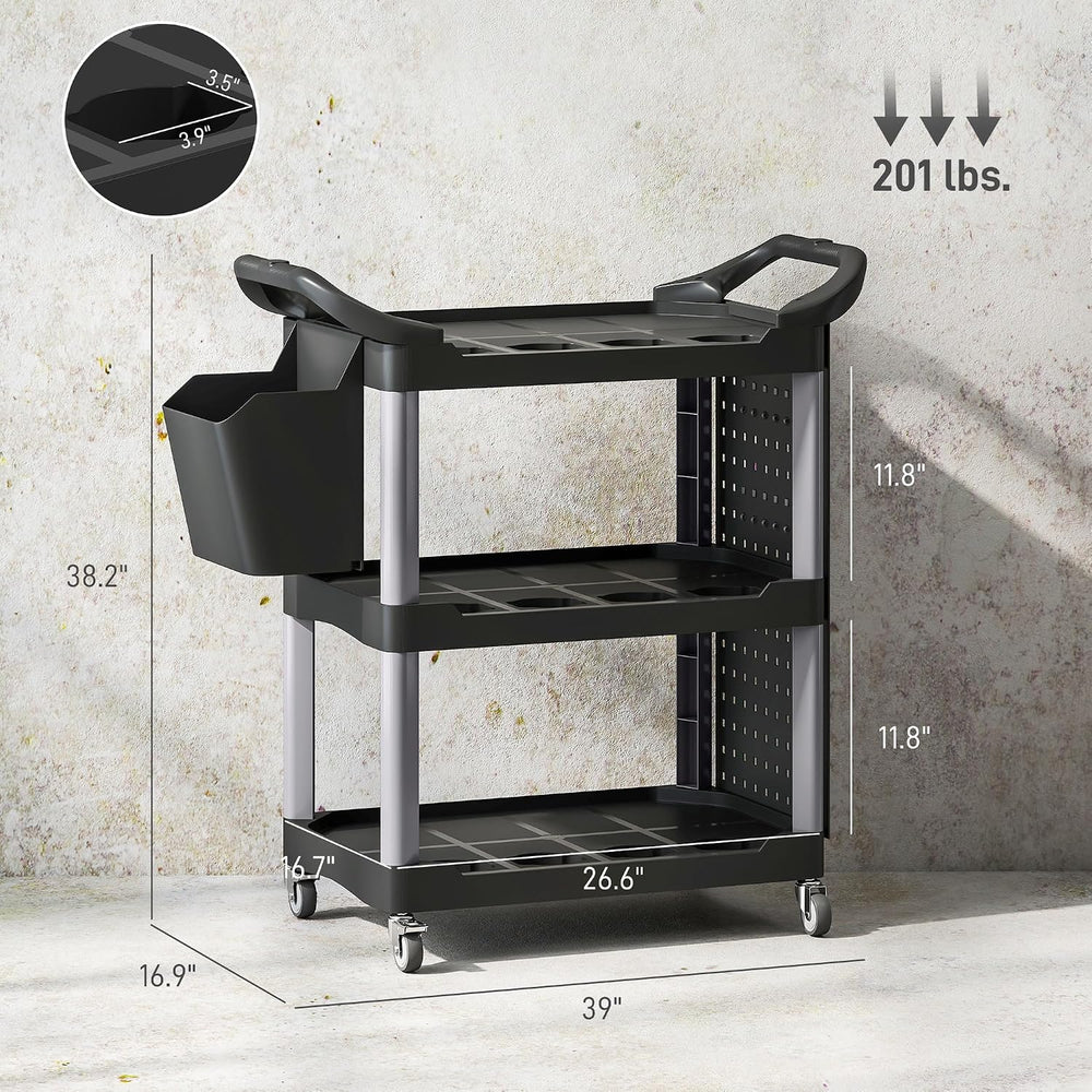 HOMCOM 3 Tier Utility Cart on Wheels with Pegboards, Black and Light Gray