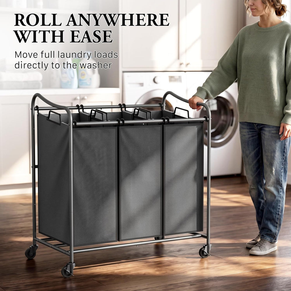 Simple Houseware Heavy Duty 3-Bag Laundry Sorter Rolling Cart, Dark Grey