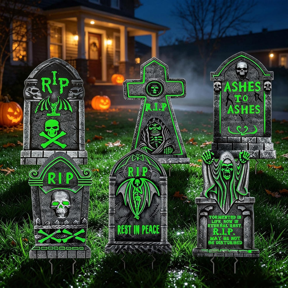 6 Pack Halloween Tombstone Decorations Glowing in The Dark, 25"x16"...