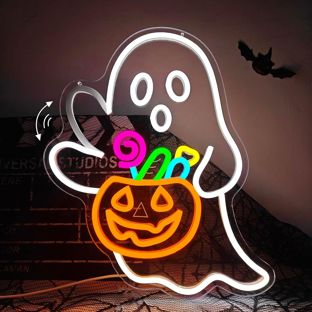 Waving Ghost Pumpkin Candy Basket Halloween Neon Sign Dimmable LED Decor