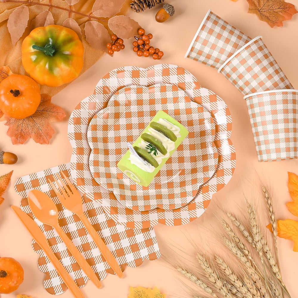 400 Pcs Orange Gingham Party Supplies for 50 Guests Orange and White Scallope...
