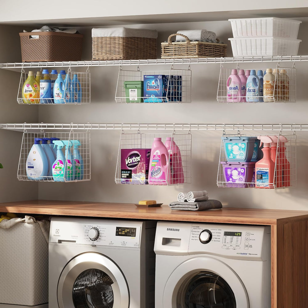 4-Tier Hanging Laundry Room Organizer: Foldable Wire Shelf Basket with 2 Larg...