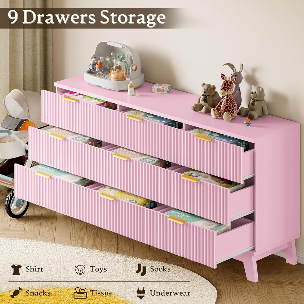 BORNOON Fluted 9 Drawer Dresser, 57.1" Wide Modern Boho Chest of Drawers...