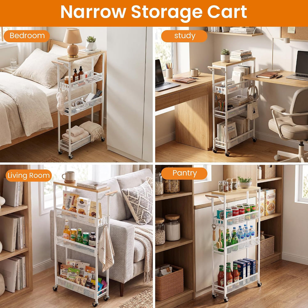 Extra Slim Storage Cart with Adjustable Shelf, 4 Tier 5.1" Narrow Rollin...